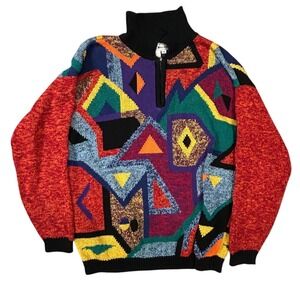 Vintage‎ Casa Maglia Geometric Abstract Sweater Mens Small Multi Color 1/4 Zip